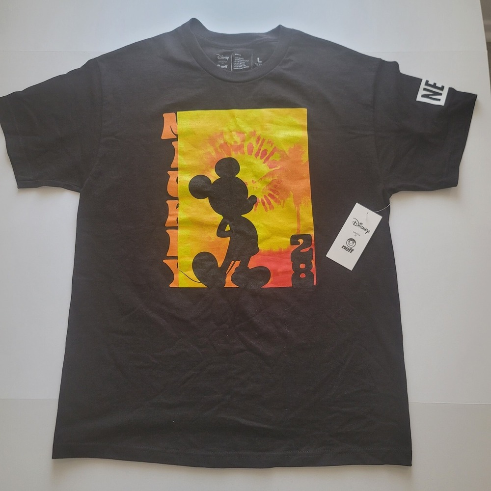 Mickey Mouse Disney Neff Mens Graphic T-Shirt Black Palm‎ Sunset Cotton L Yellow